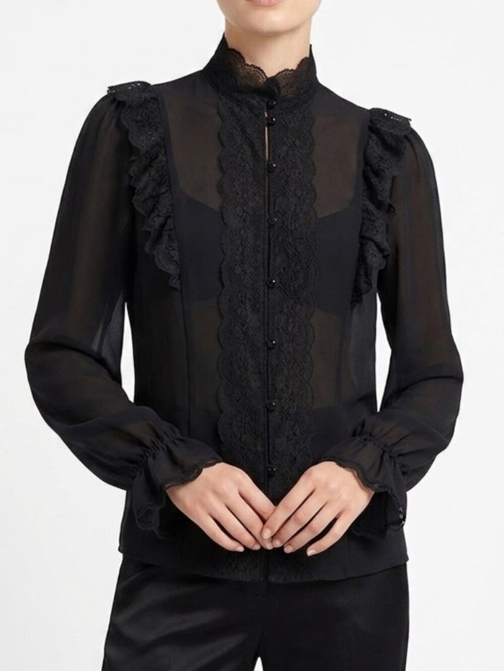 Vintage Club Prive Blouse Size Small Sheer Black Ruffled Lace Whimsigoth Blouse
